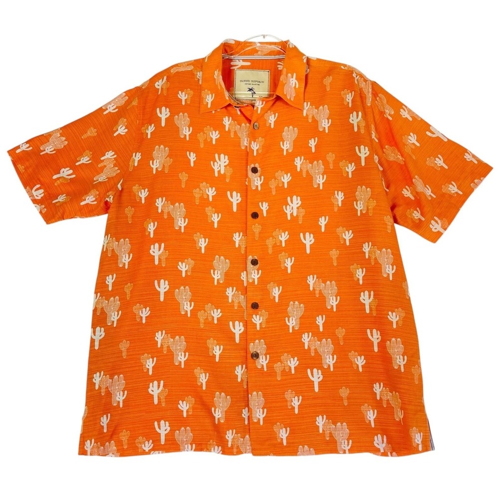 Island Republic Vintage Collection Mens 2XL Orange Hawaiian Camp Silk Shirt